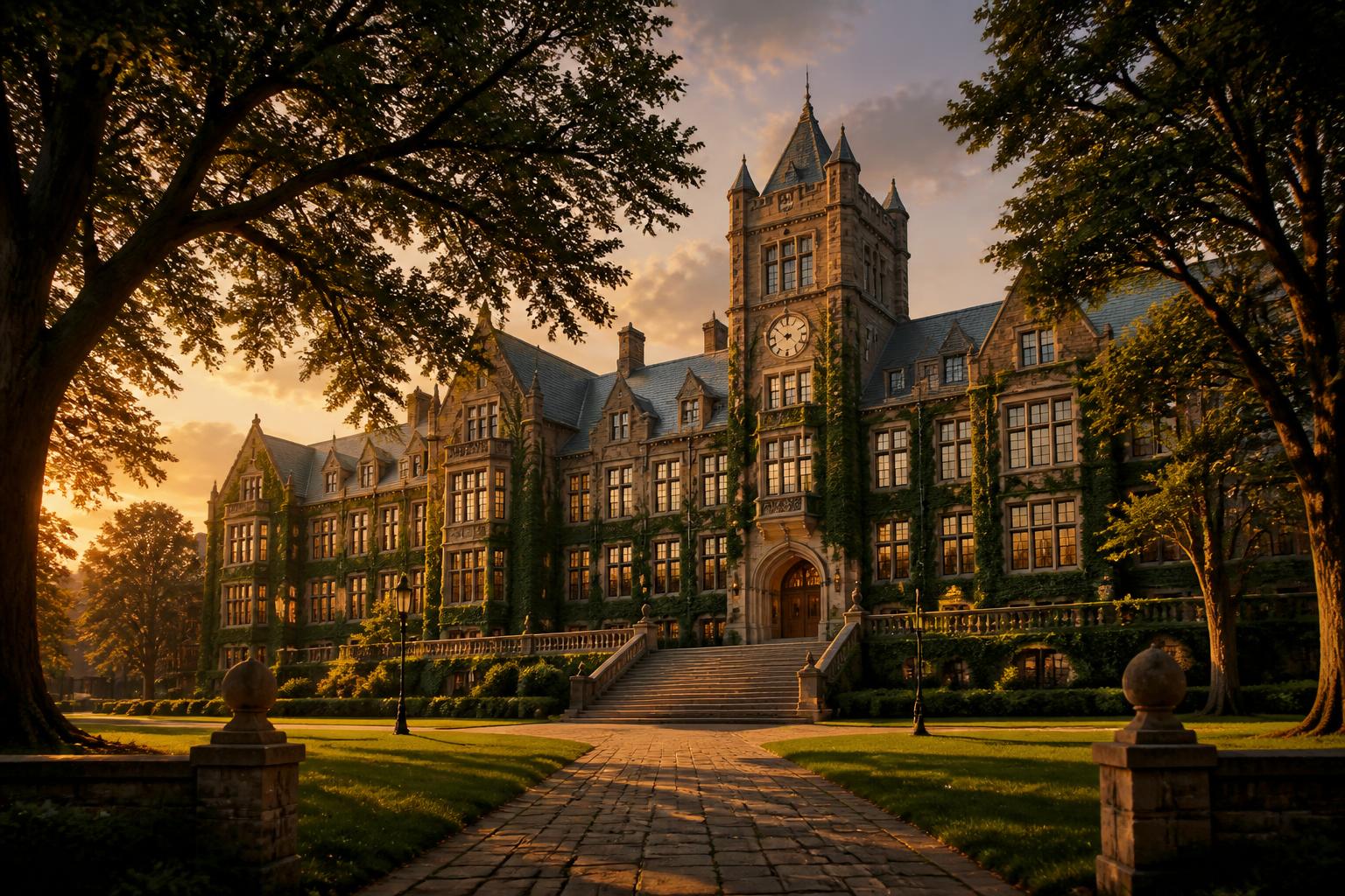 The academy building at the end of a tree-lined path